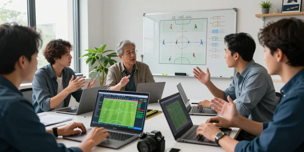 Sports analysts discussing strategies for giải mã kèo nhà cái with data analytics visible, creating an engaging professional atmosphere.