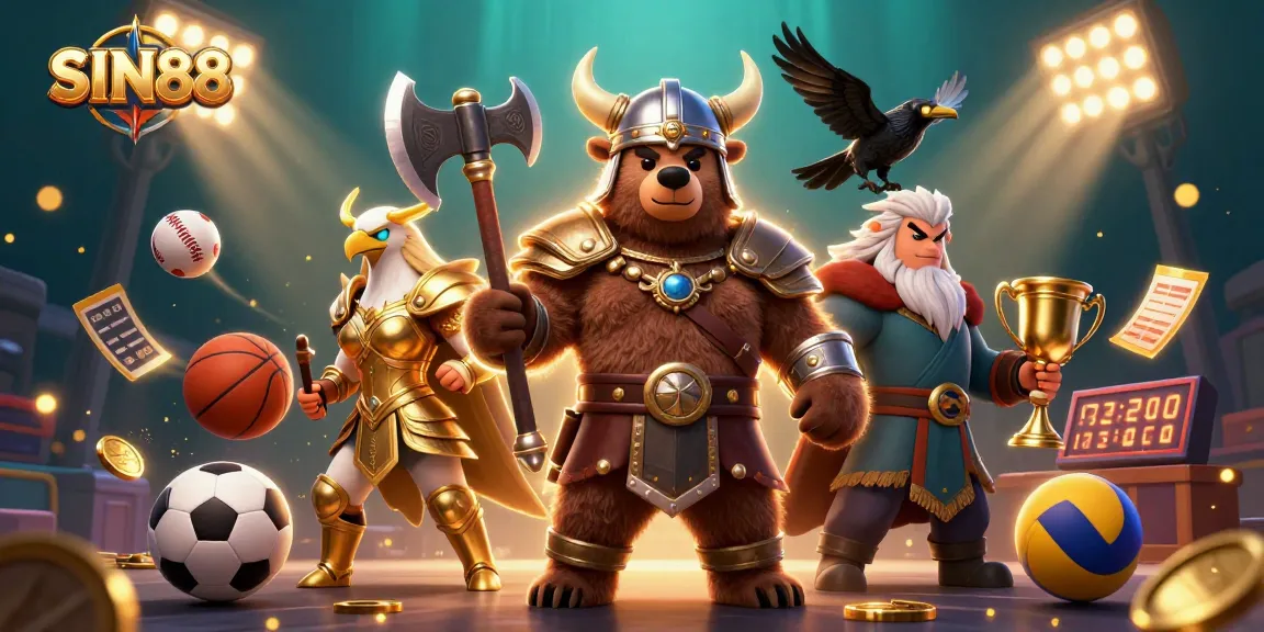 SIN88 captures the excitement of online sports betting with a dynamic 3D scene featuring a Viking bear and Valkyrie eagle.
