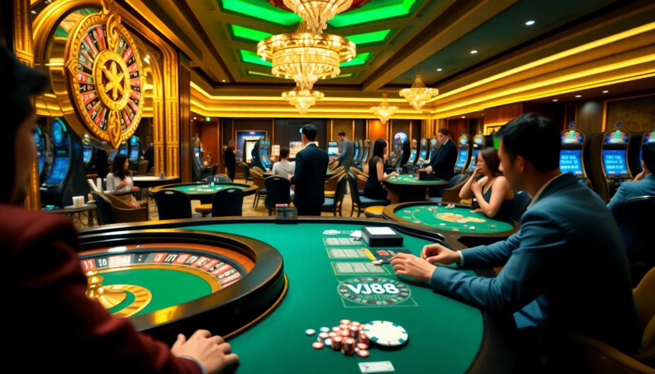 Engage with the thrilling atmosphere of VJ88 casino gambling, showcasing poker tables and roulette.