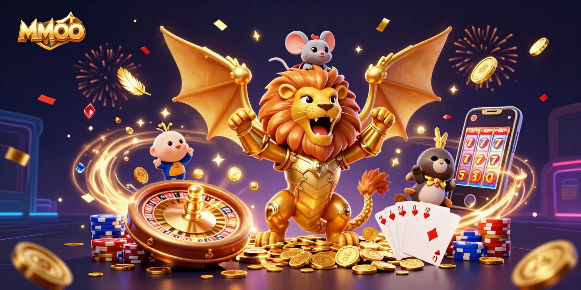 Experience the thrill of MMOO gaming with a vibrant, action-packed 3D scene of a golden chimera and treasure galore.
