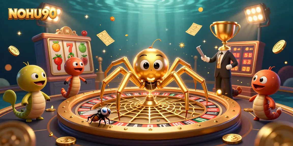 Spin the roulette with NOHU90's golden spider and croupier in a vibrant casino scene.