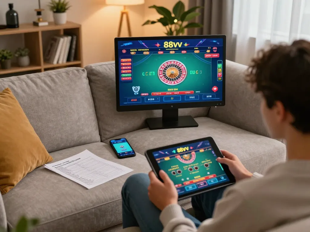 Player enjoying live dealer games on 88vv app from home, showcasing cozy gambling atmosphere.