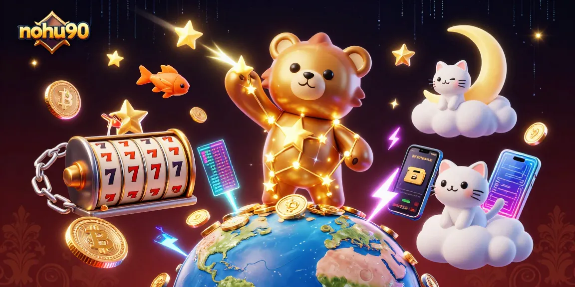 Nohu90 brings thrilling slot action with a starry bear and treasure coins in this vibrant digital casino art.