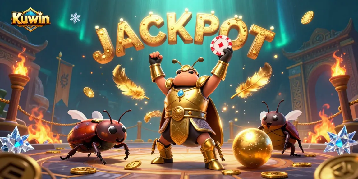 Experience a thrilling kuwin casino atmosphere with a victorious beetle character lifting a poker chip and sparks flying.