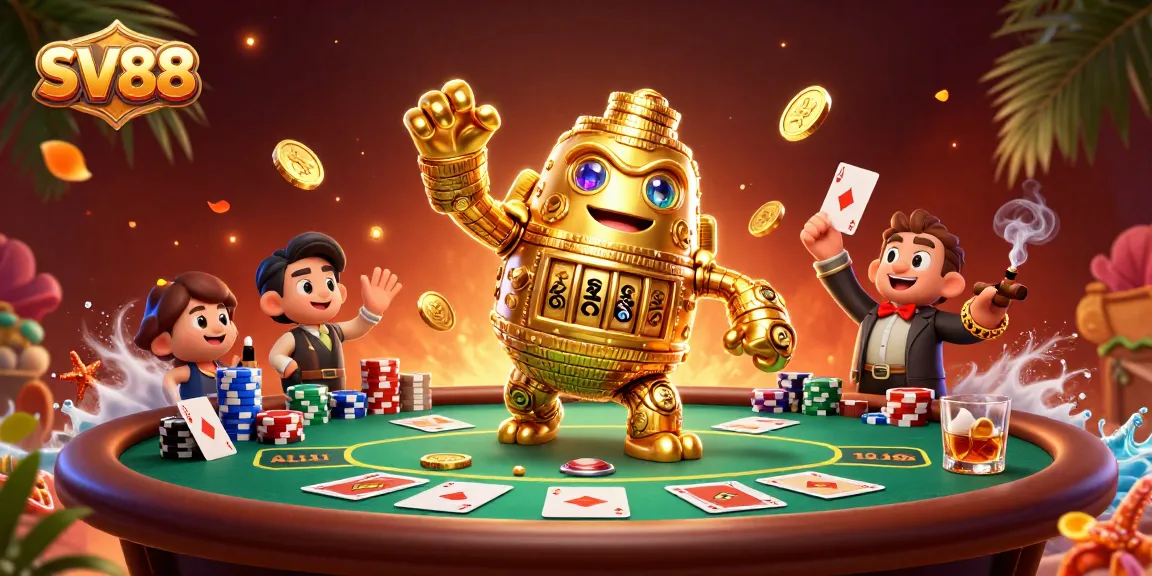 Experience the energetic gameplay of SV88 with vibrant poker elements and a golden golem.
