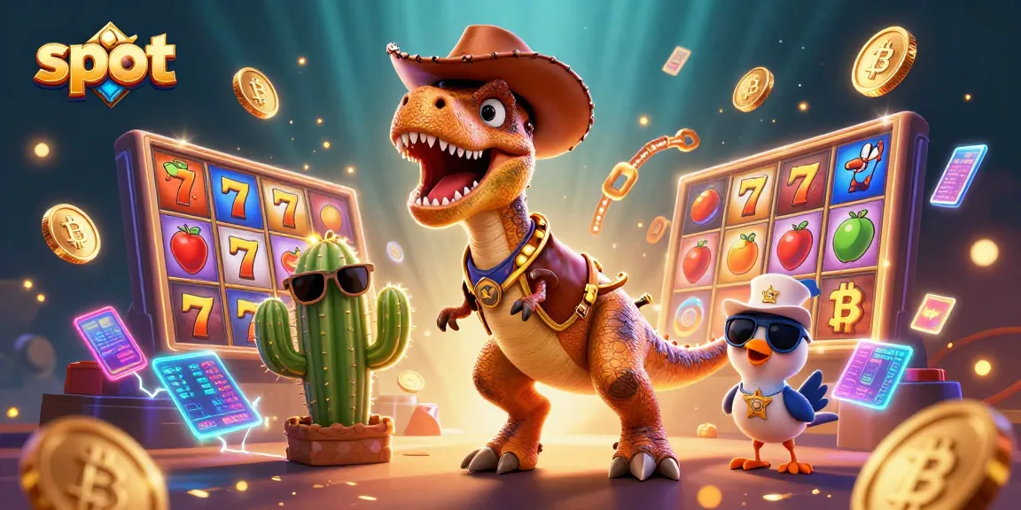 Spin the slot reels with a T-Rex cowboy and friends amidst vibrant casino elements