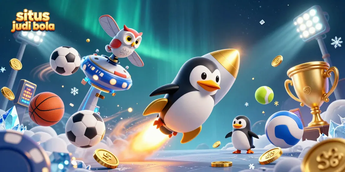 Engage with situs judi bola action as a penguin navigates a cosmic casino adventure, illustrating the excitement of sports betting.