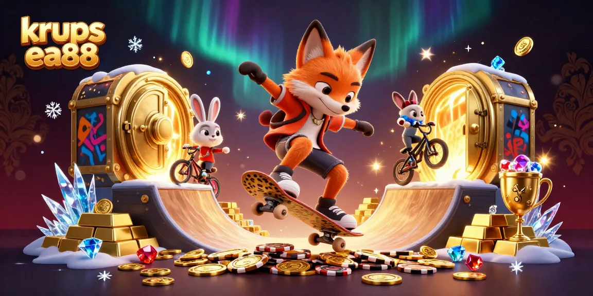 krups ea88 gaming fox kickflipping over poker chips surrounded by casino treasures
