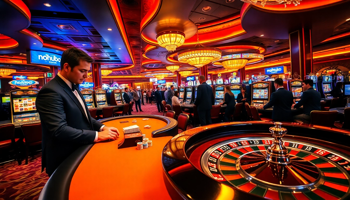 Experience the thrilling atmosphere of nohu90 at an upscale casino with vibrant gaming tables and exciting players.