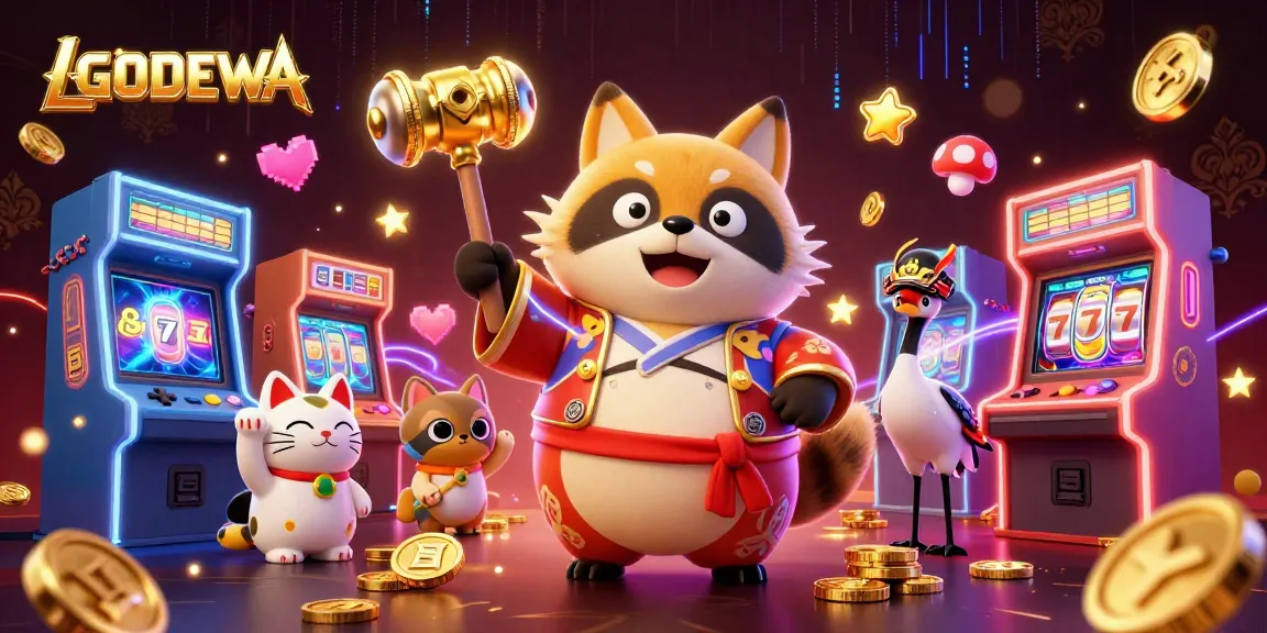 Spin and win with LGODEWA's colorful slots and cheerful characters in a vibrant casino scene.