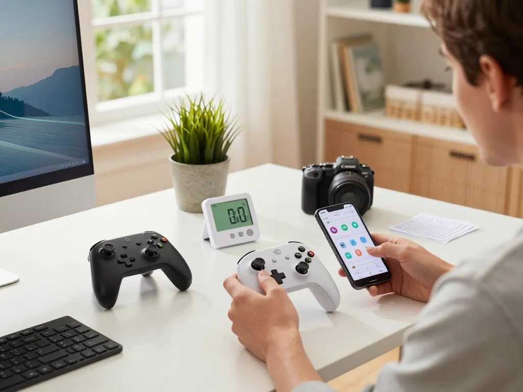 Engaged person testing affordable tech gadgets in a bright home office, showcasing a variety of modern technology.