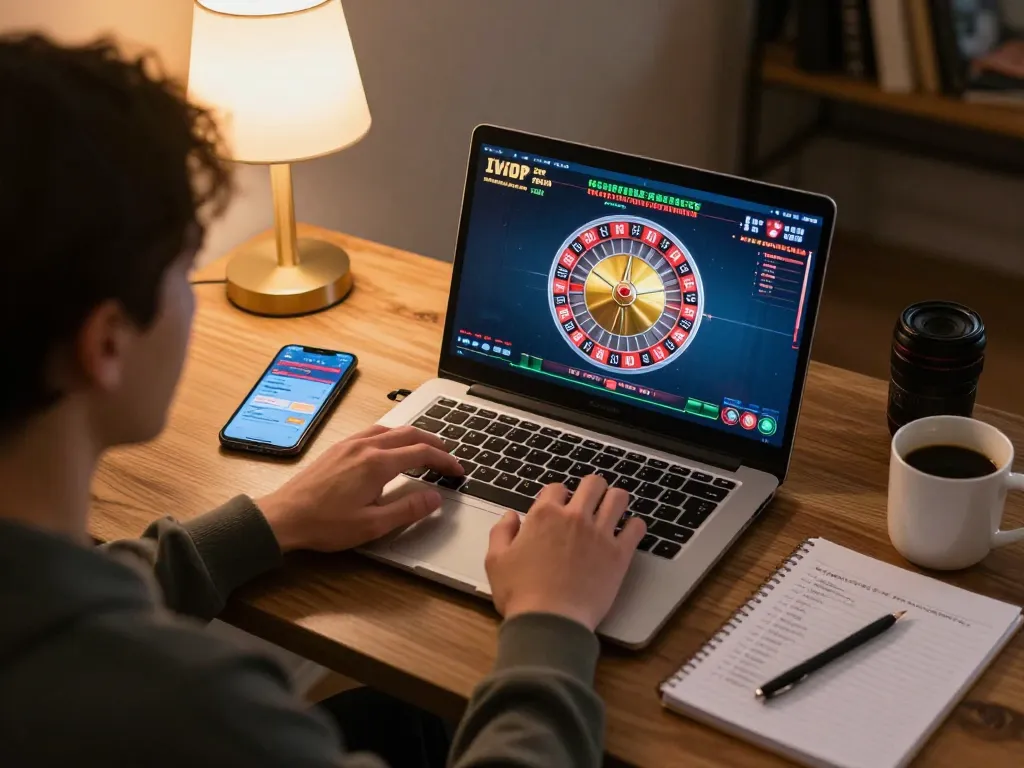Player enjoying live roulette at RR88 on laptop with smartphone tracking bets.