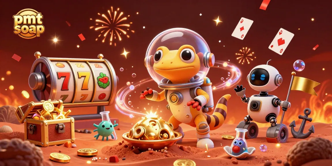 Engage with thrilling pmtsoap casino adventure featuring a Martian gecko and robot amidst slot machines.