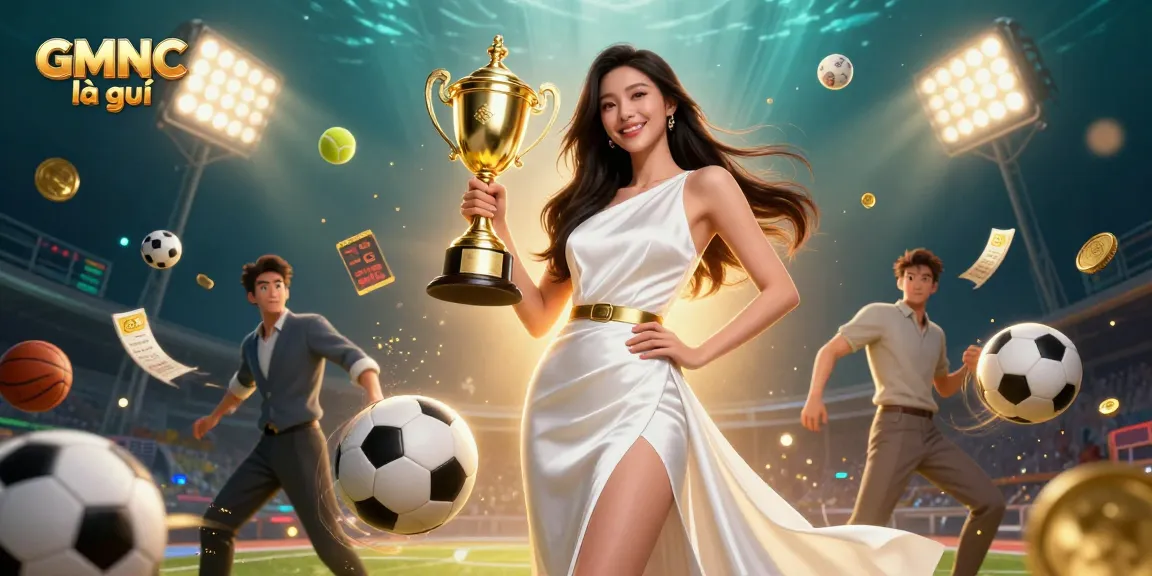 Experience the thrill of GMNC là gì with stunning visuals of sports betting and a victorious Asian woman holding a trophy.