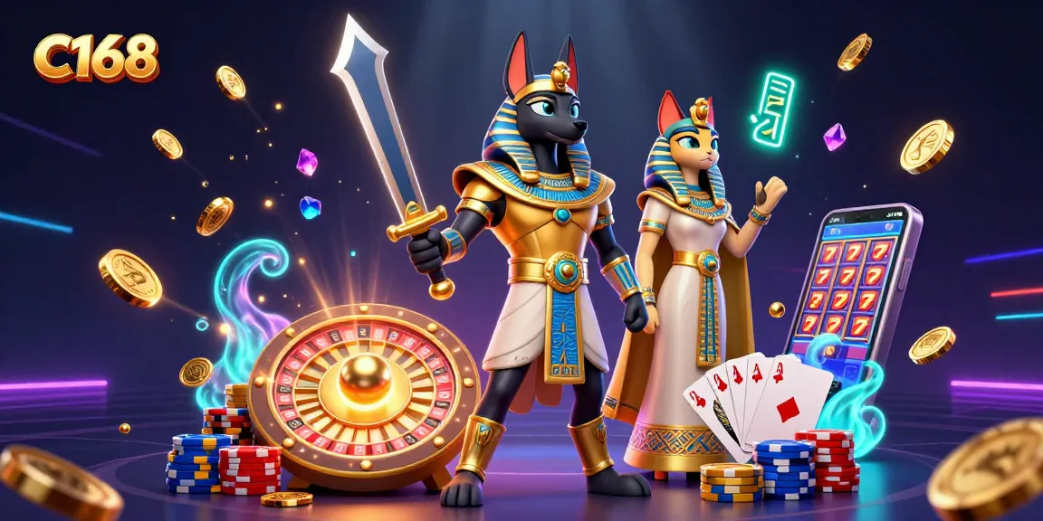 C168 invites players with an energetic scene featuring Anubis and Bastet amidst spinning roulette, flying coins, and vibrant slot elements.