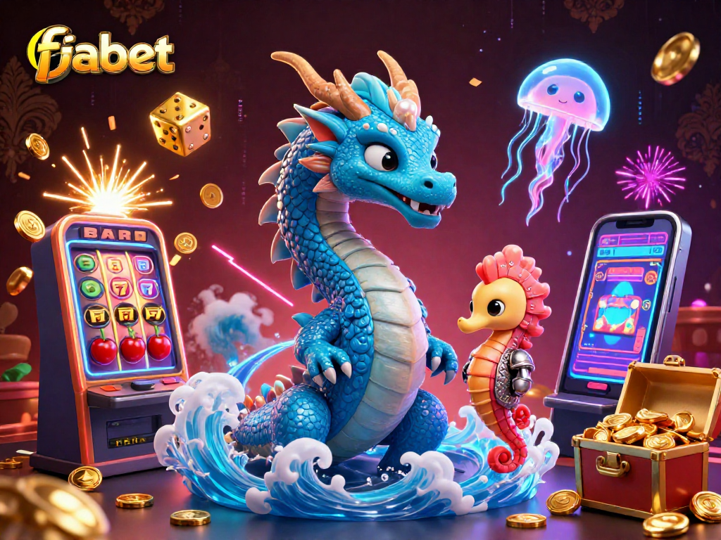 Play exciting casino games at fabet with a mesmerizing scene of a dragon, seahorse knight, and glowing jellyfish.