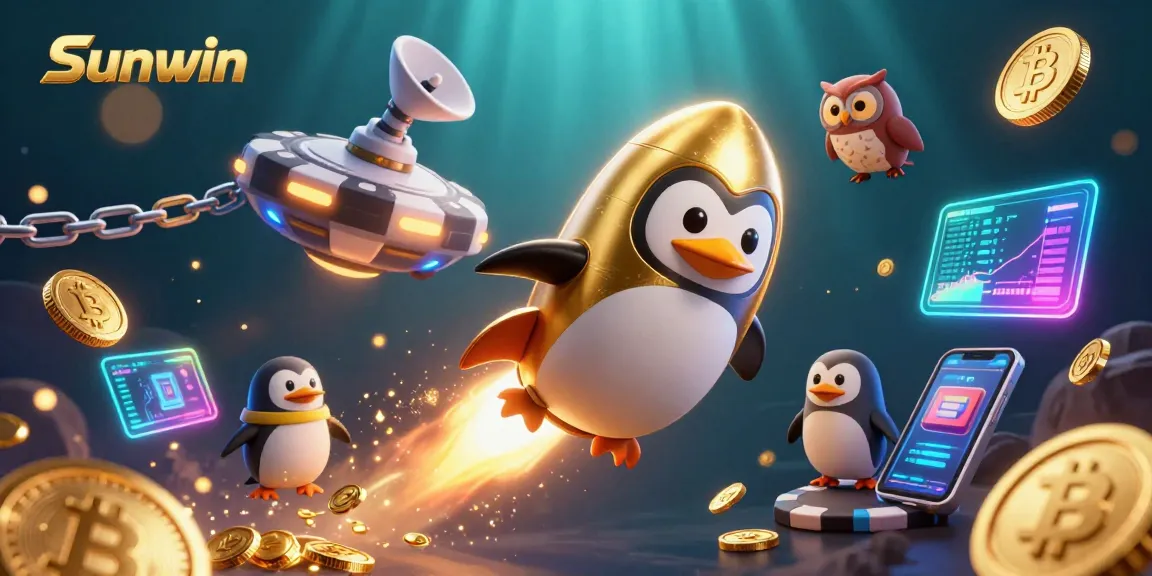 Engage with Sunwin's vibrant casino adventure featuring a golden penguin in a cosmic setting.