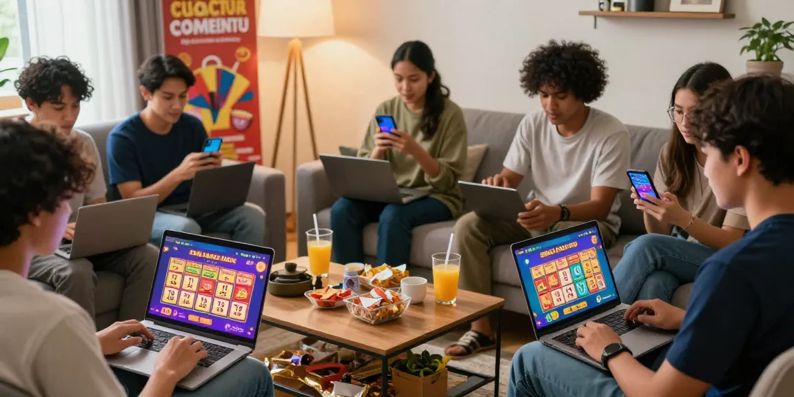 situs togel online, pengunjung asyik bermain togel online di ruang tamu yang nyaman dengan suasana ceria.