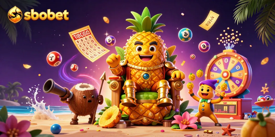 Engage in sbobet gaming with the golden pineapple king, dynamic lottery balls, and vibrant casino ambiance.