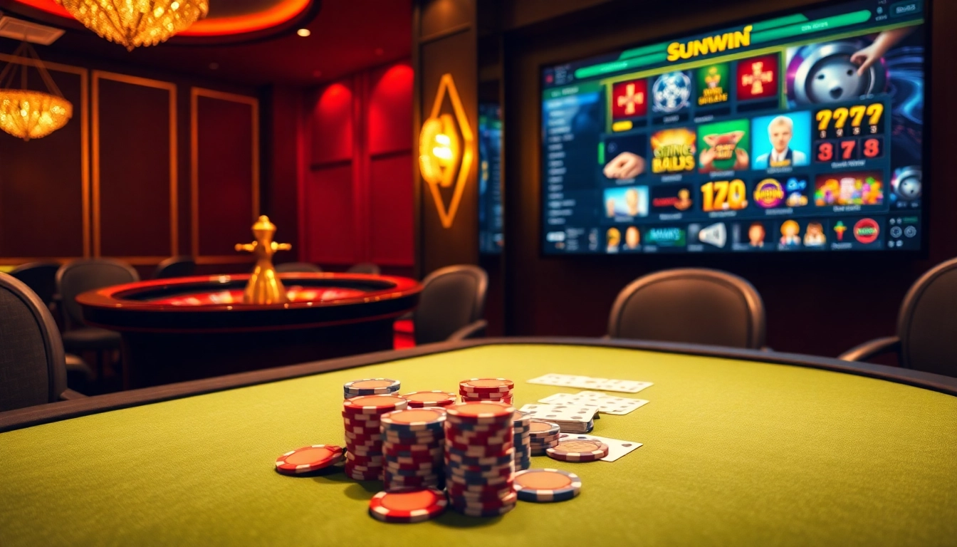 Experience the thrill of sunwin with a vibrant casino scene featuring poker chips and a roulette wheel.