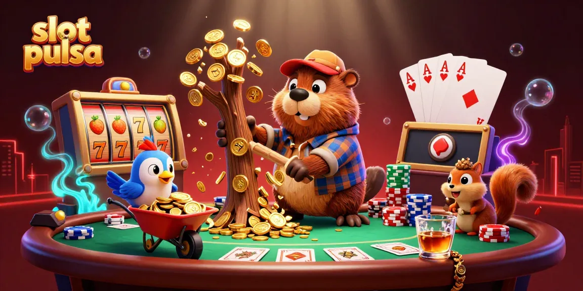 Experience slot pulsa action with playful characters collecting golden coins in an engaging casino scene.