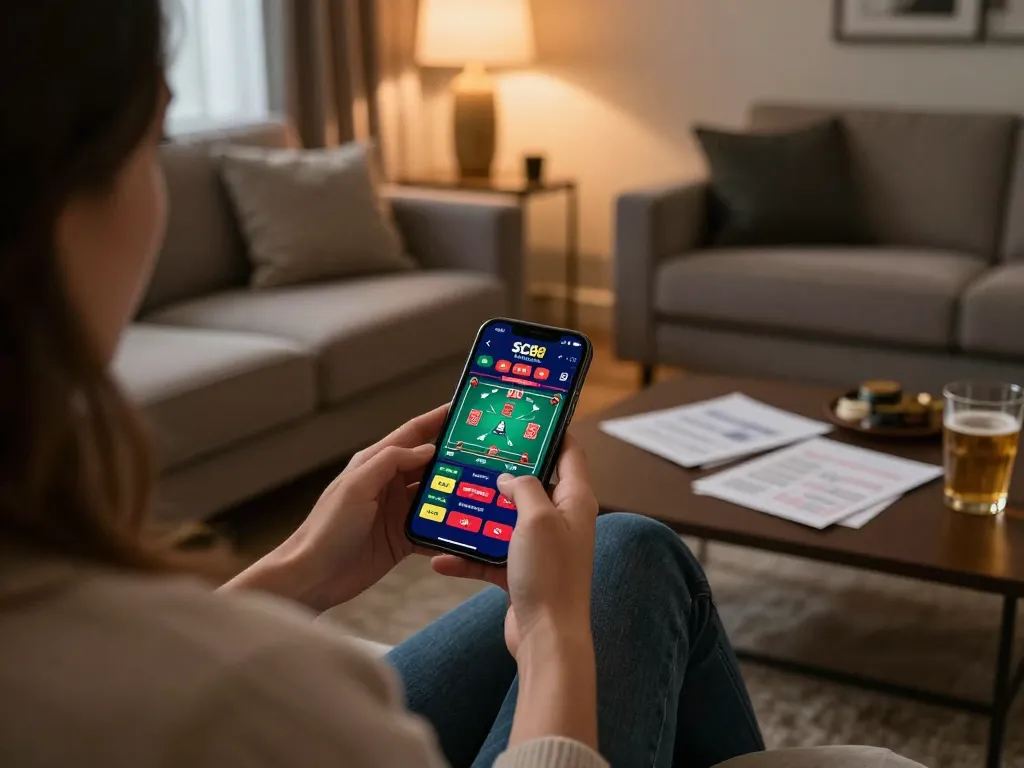 Engaging in online gameplay on SC88 Market app, focusing on poker strategies in a cozy living room.