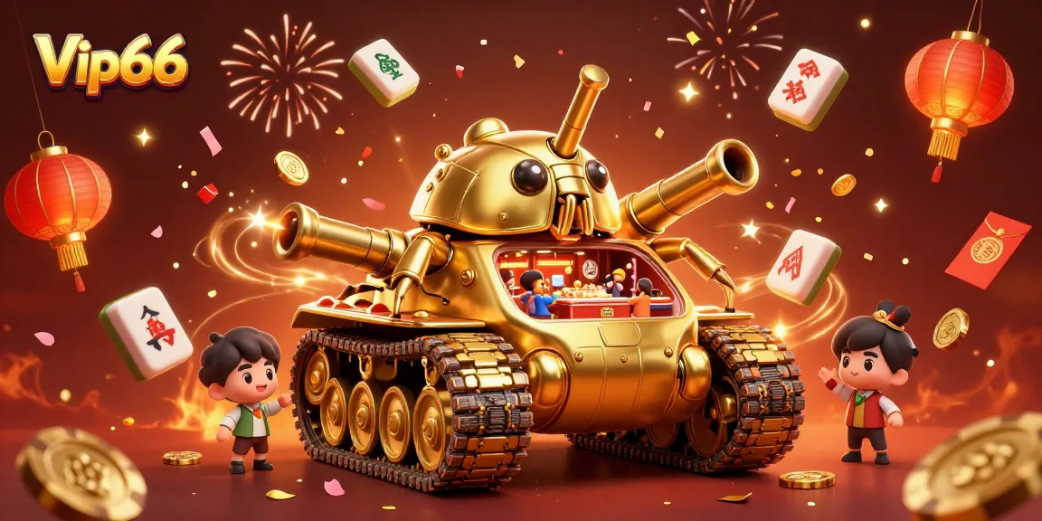 Experience excitement at Vip66 with a golden beetle casino tank filled with tiny gamblers and festive elements.