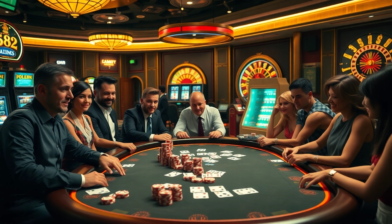 Gamblers enjoying a thrilling B52-themed poker game at a luxurious casino table.