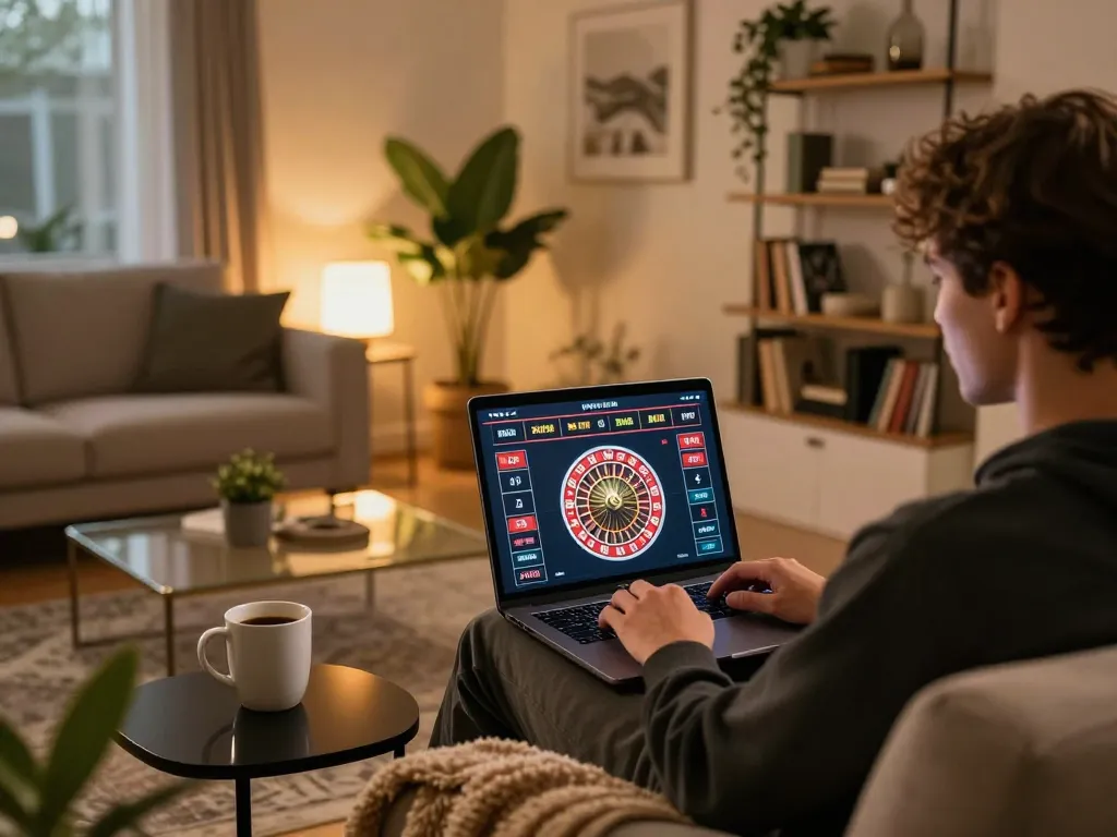 Individual playing online roulette on laptop at cozy home setup, highlighting Canadian online casinos experience.