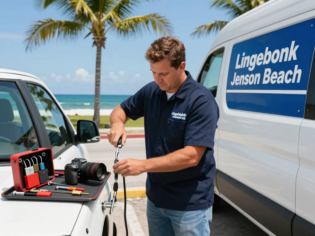 Mobile locksmith Jensen Beach technician unlocking a car door against a coastal backdrop.