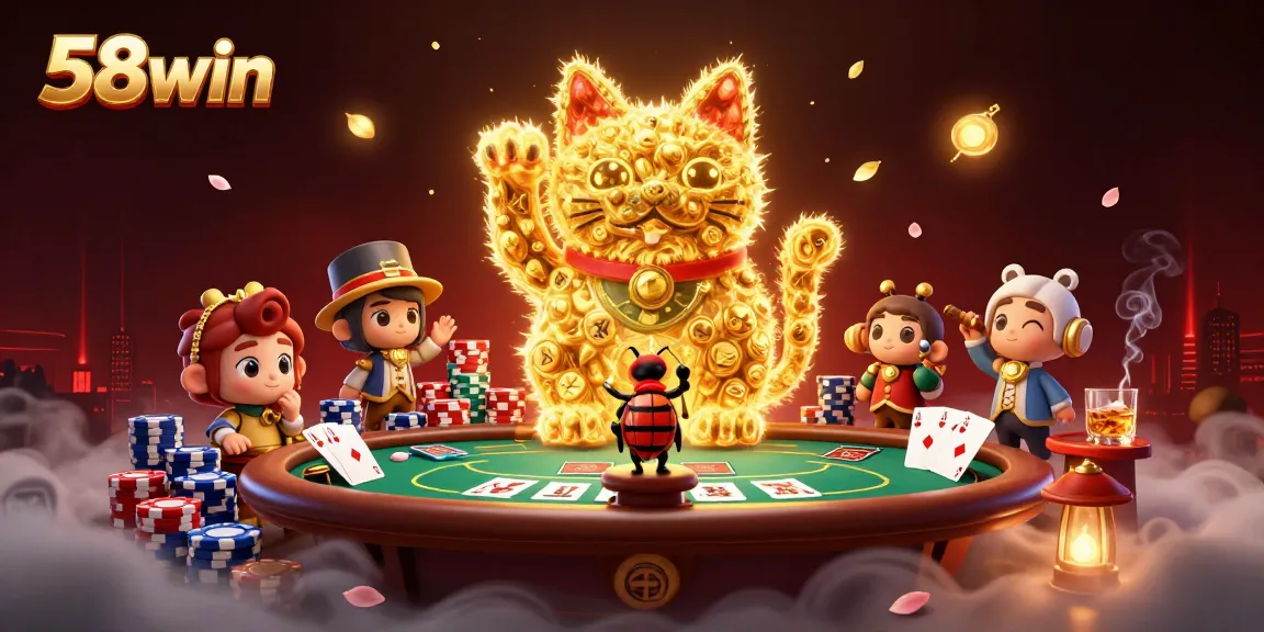 Engage in thrilling gambling with 58win's giant lucky cat surrounded by poker and casino elements.