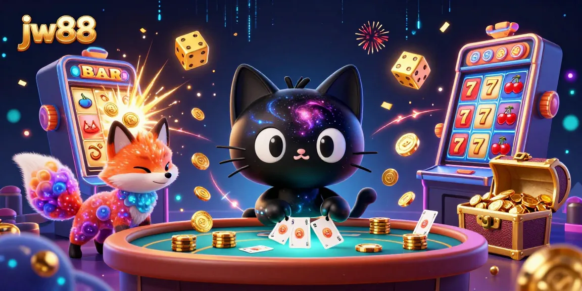 Experience thrilling gameplay at jw88 with a cosmic cat and vibrant casino scene showcasing dynamic gaming elements.