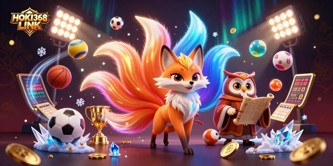 Engage with HOKI368 LINK in a vibrant 3D casino scene featuring animated characters and dynamic sports elements.