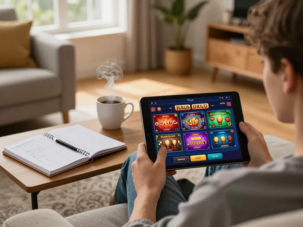 Engaged player using the god55 app on a tablet in a cozy home setting to enjoy online casino games.