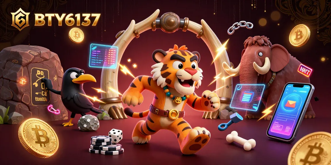Engage with BTY6137 in a vibrant scene of a prehistoric casino with crypto elements.