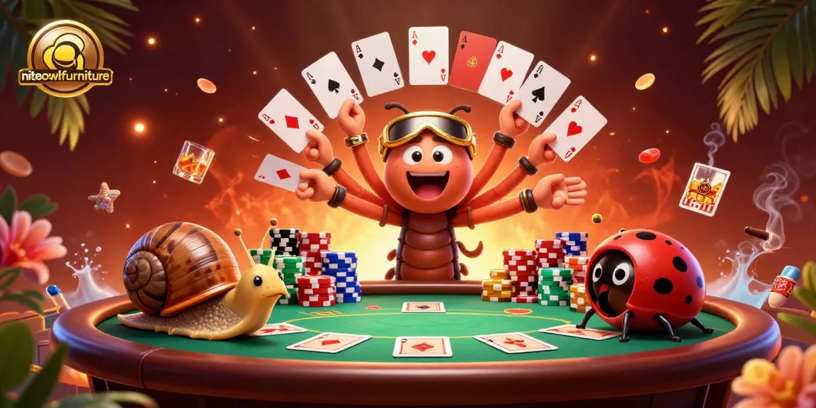 Experience the excitement of niteowlfurniture's vibrant casino scene featuring a playful millipede dealer and captivating chip stacks.