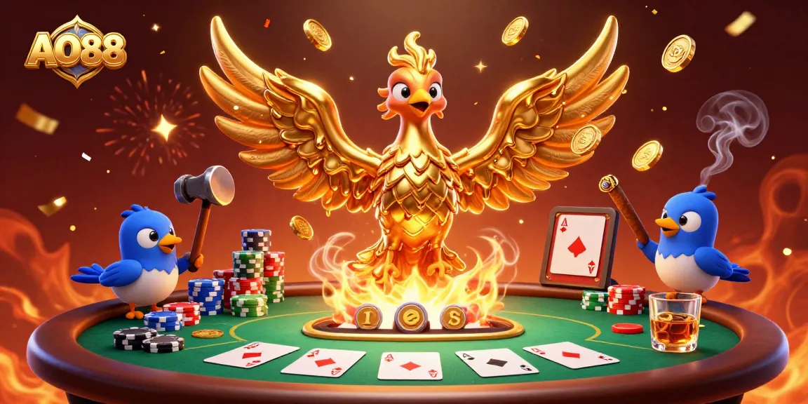 Experience the excitement at AO88 with a vibrant 3D casino illustration showcasing a golden phoenix and poker elements.