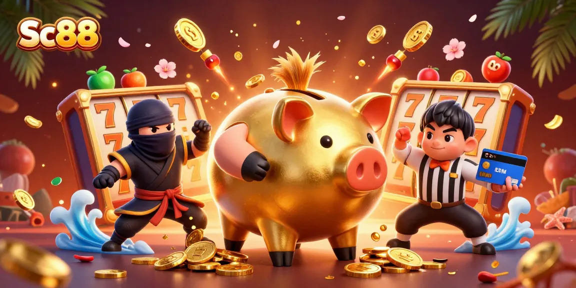 Experience thrilling gameplay with Sc 88's dynamic casino scene featuring a golden sumo piggy bank and vibrant slots elements.