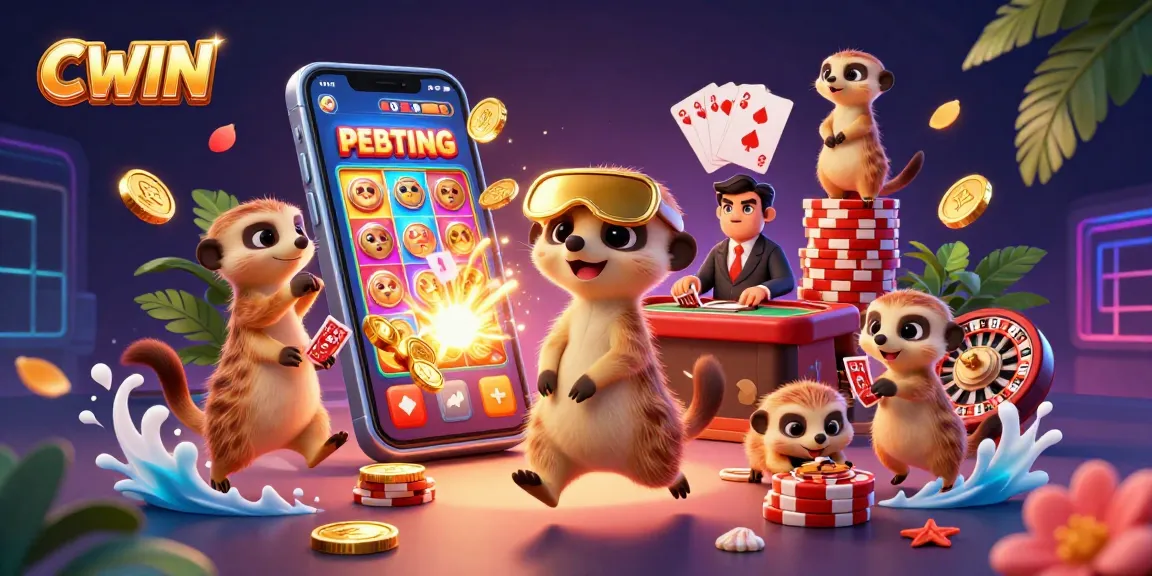 CWIN showcases a vibrant meerkat casino scene with colorful slot games and dynamic gaming action.