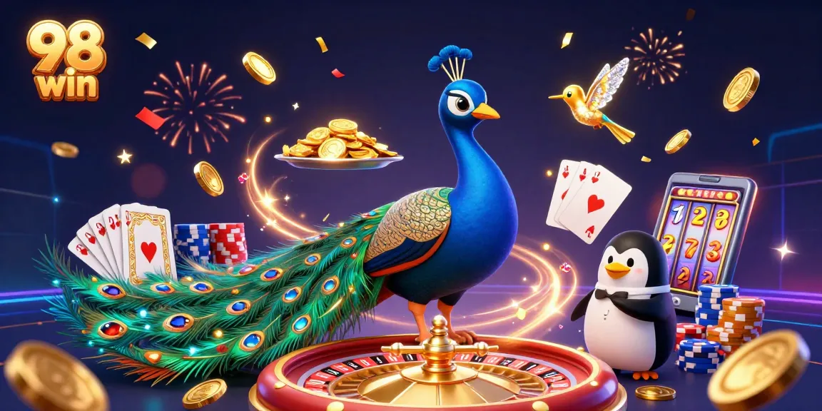 Experience thrilling gaming with 98 win's vibrant casino scene featuring colorful characters and action.
