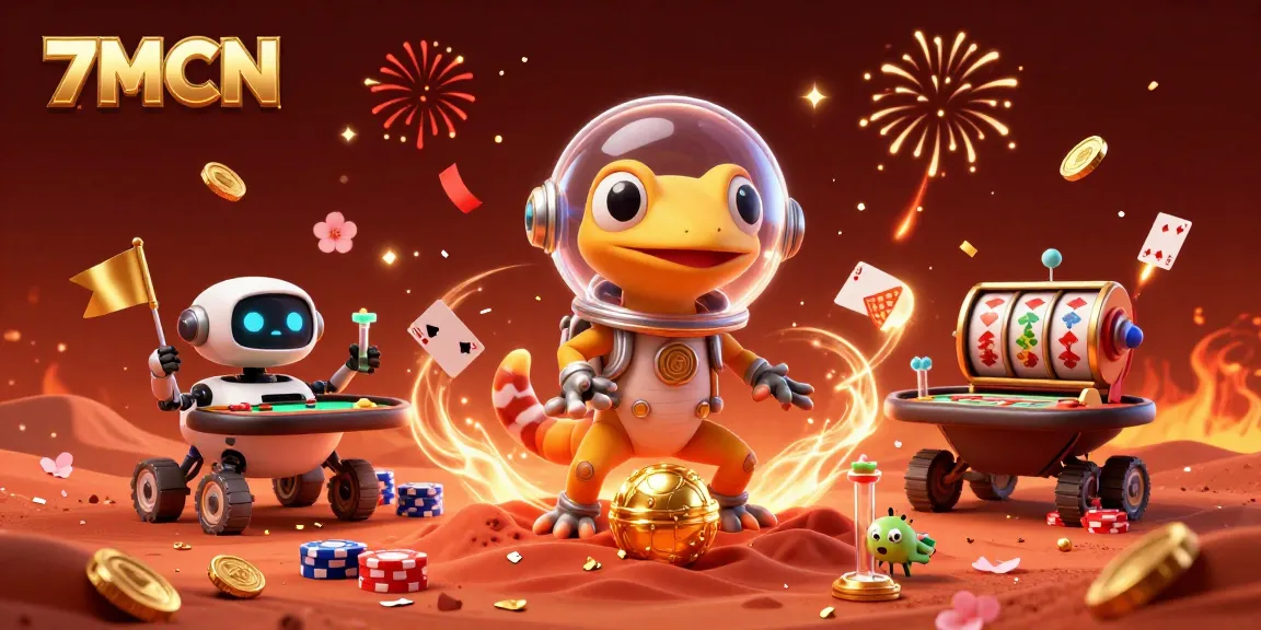Engaging scene featuring the Martian gecko and robot celebrating casino excitement, showcasing 7MCN's vibrant gaming atmosphere.