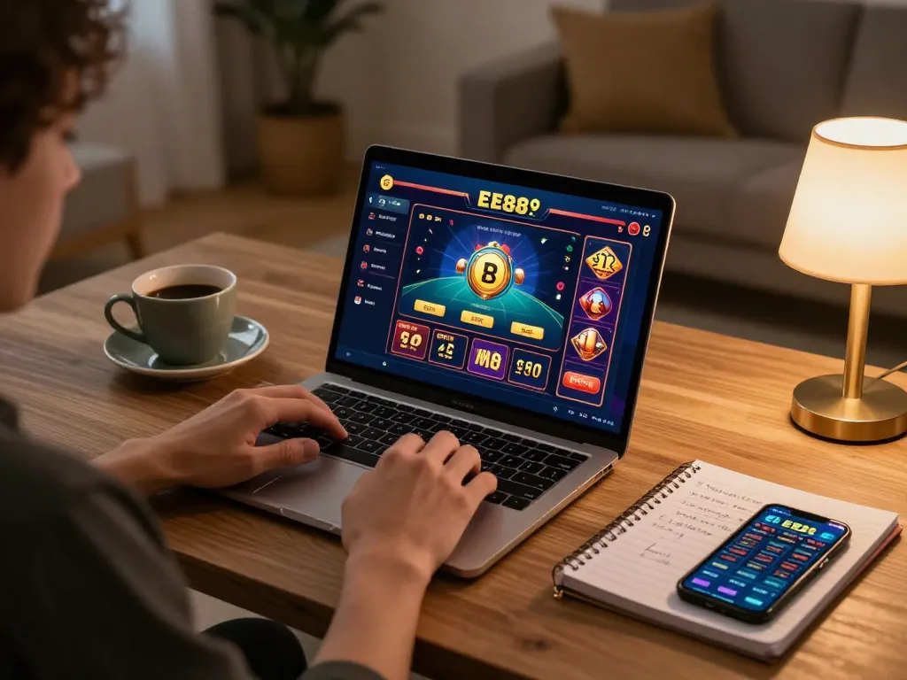 ee88 platform displayed on a laptop during online gaming session with strategy notes