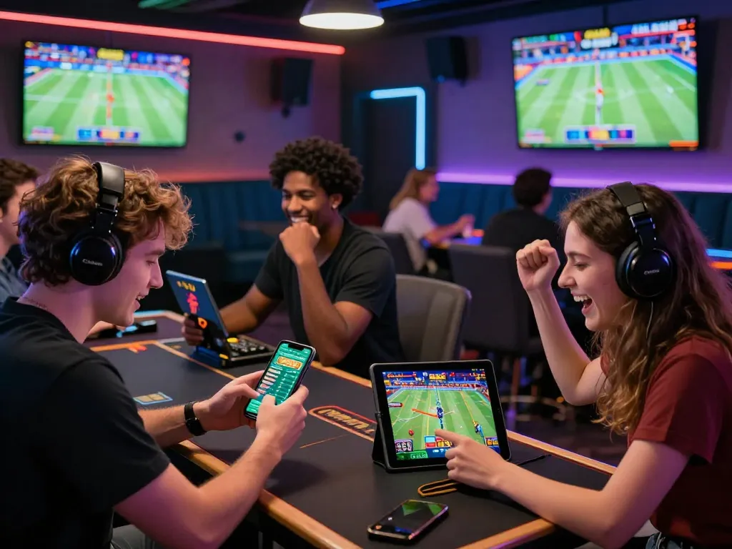 Players enjoying link vào fb88 games in a vibrant online gambling lounge, showcasing sports betting and slots excitement.