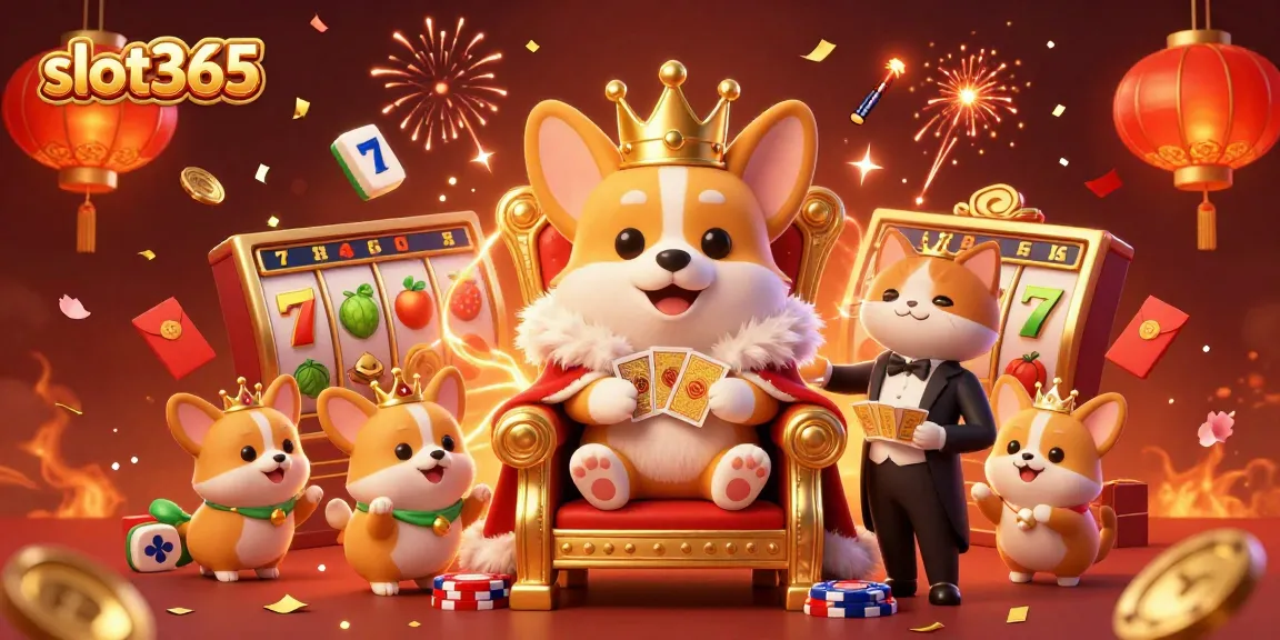Experience slot365 with thrilling jackpot symbols and a royal corgi in a lavish digital casino scene.