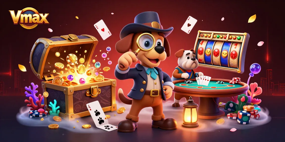Vmax showcases a 3D detective scene with golden poker chips and rich casino elements for thrilling gameplay.