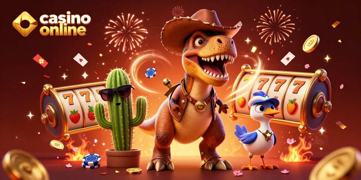 Play exciting games at casino online with fun characters, colorful slot reels, and poker elements.