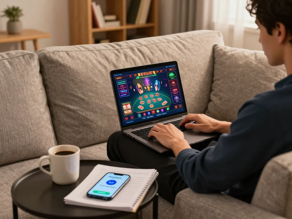 Engaging in online gaming with nekatwin link alternatif displayed on a laptop in a cozy setting.