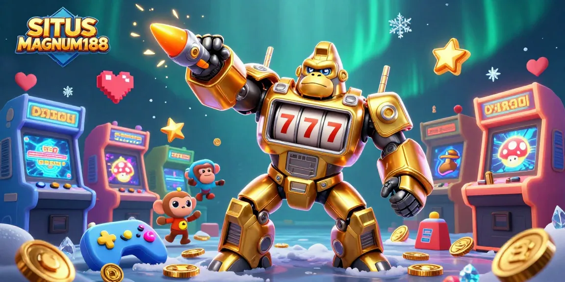SITUS MAGNUM188 showcases an exhilarating gaming experience with a dynamic 3D golden gorilla mech. This illustration captures the excitement of winning!