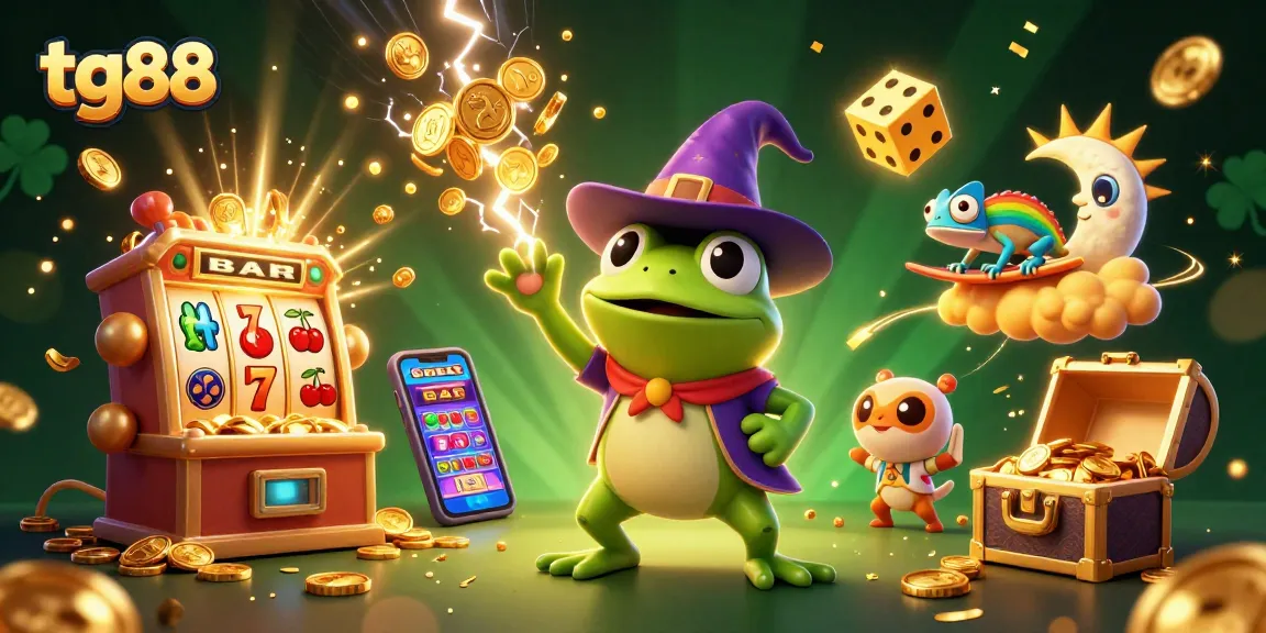 Tg88 creating jackpot excitement with golden coins, vibrant characters, and casino elements in action.