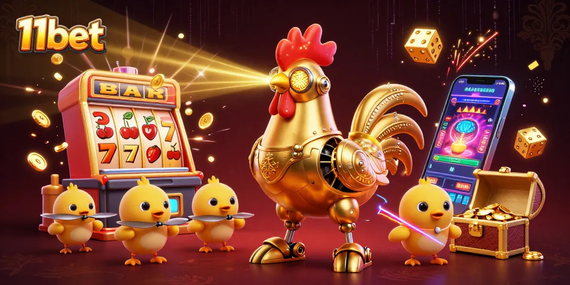 Experience the thrilling energy of 11bet with a golden rooster robot and jackpot action!